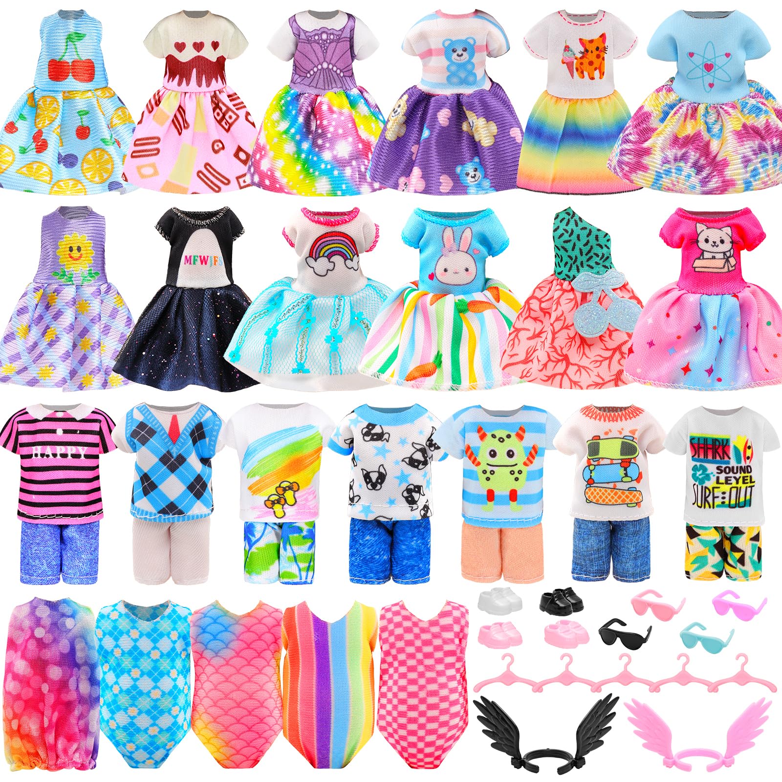 Miunana 25 PCS 5.3 Inch Girl Doll Clothes Dress Outfits and Shoes with 4 Pairs of Shoes for 4-6 Inch Girl Dolls Clothes and Accessories Doll Top and Pants Wings