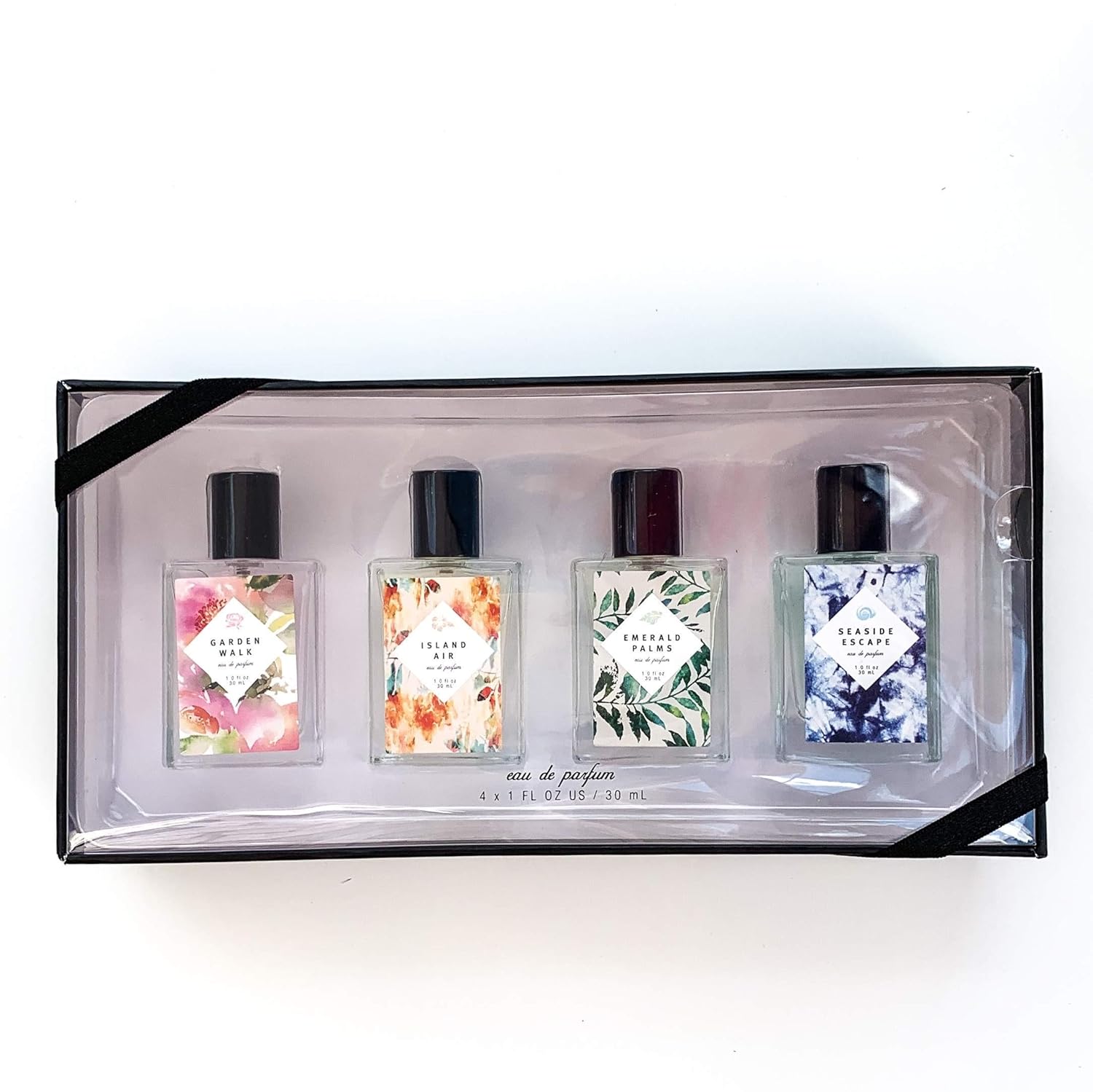 Mini Eau De Parfum Gift Set by Tru Fragrance and Beauty - Garden Walk, Island Air, Emerald Palms and Seaside Escape - Fruity and Fruity Floral Collection - 4 x 1.0 oz Perfumes in Gift Box