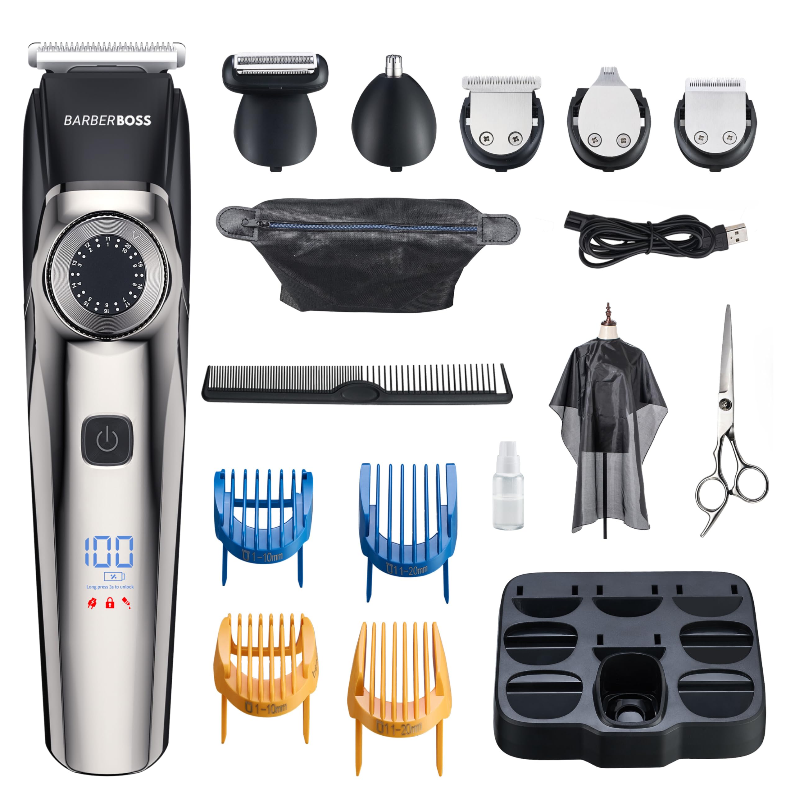 Barberboss Men’s Hair Clipper, Cordless Beard Trimmer for Men, Waterproof Grooming Kit with Ear & Nose Trimmer, Ideal Groomer for Beard, Moustache, Eyebrow, Nose, Ears, Head, Body Grooming