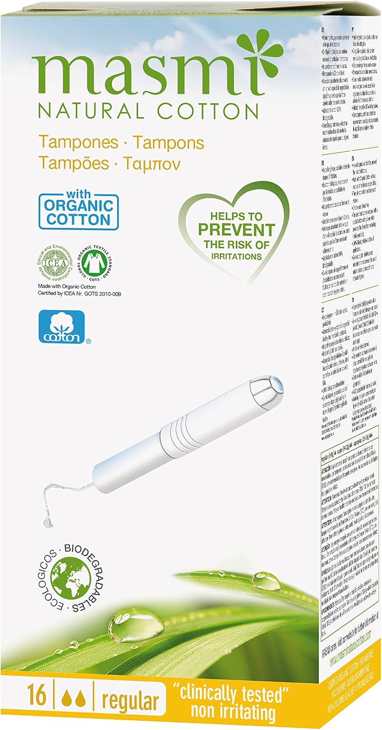 Masmi Regular Applicator Tampons Organic Cotton, Plastic Free, 100% Biodegradable, Perfume, Hypoallergenic, Chlorine and Dioxin Free (Single Pack)