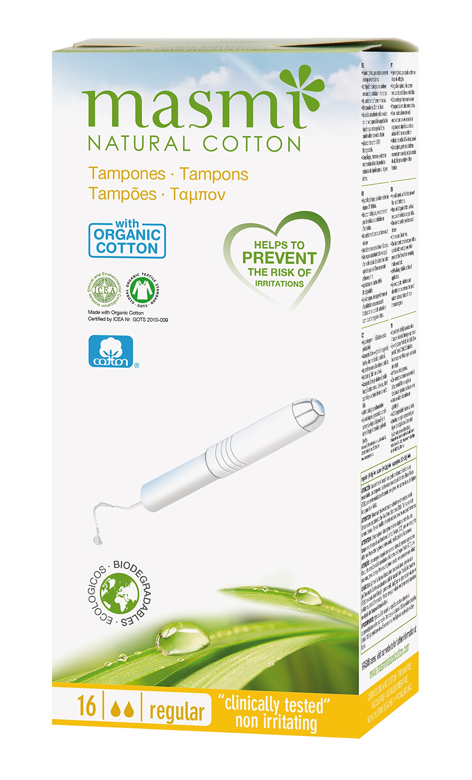 16 Masmi Regular Cardboard Applicator Tampons Organic Cotton Certified, Hypoallergenic, Biodegradable, Perfume, Viscose, Rayon, Chlorine and Dioxin Free