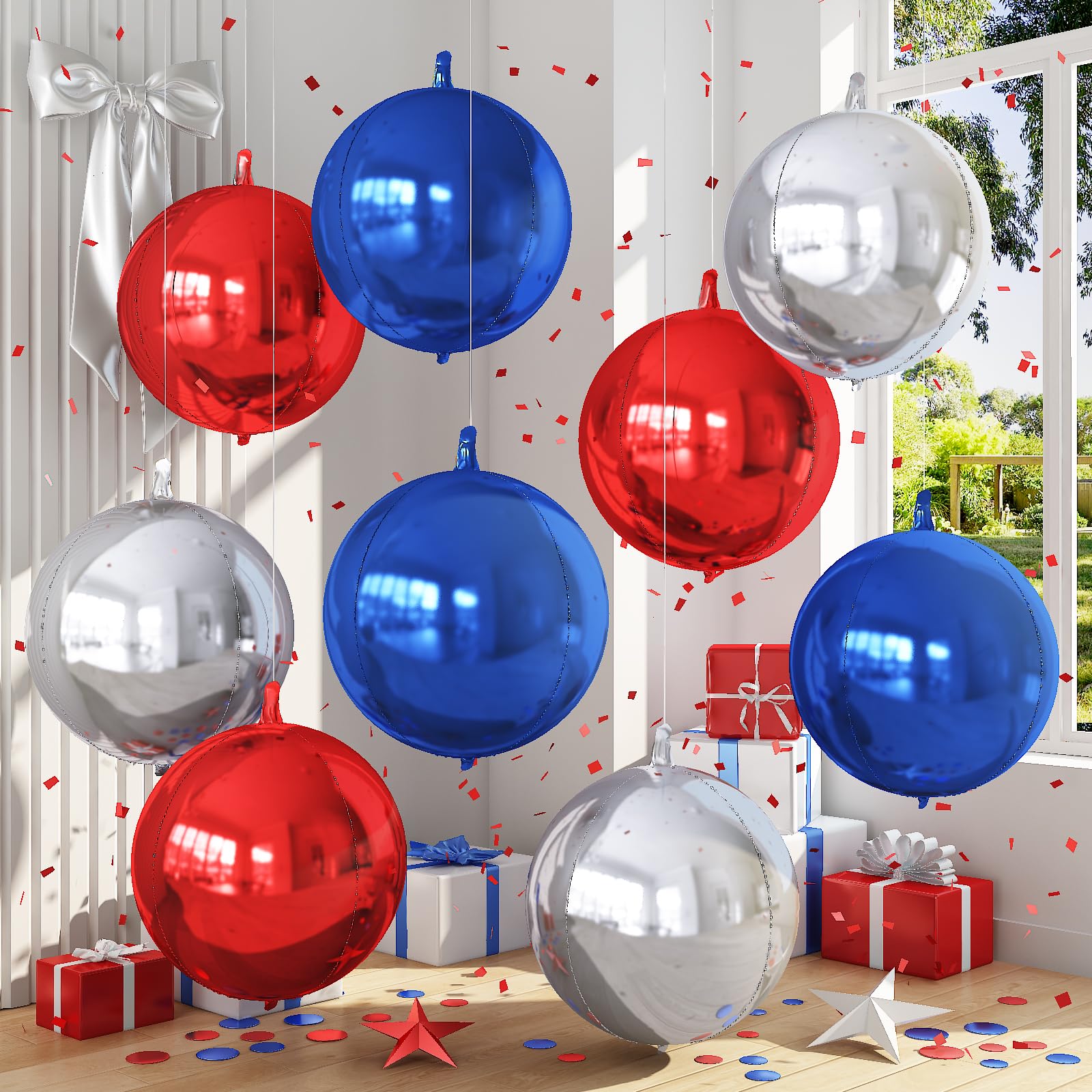 Froova 9 Pcs Red Blue Silver Round Foil Balloons Red Royal Navy Blue Metallic Silver Chrome 4D Ball Balloons 22 In Orbz Mylar Balloon for Graduation 4th of July Birthday Anniversary Party Decorations