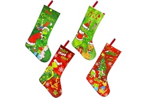 BKHEY 4 Pack Christmas Stocking Decorations, 18 Inch Large Merry Grinchmas Funny Stockings Whoville Decorations for Family Holiday Party Decor