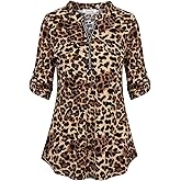 Ninedaily Women's 3/4 Sleeve Plaid Shirts Zip Floral Casual Tunic Blouse Tops