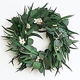 16 inch Preserved Eucalyptus Wreath - Medium-Sized Natural Handcrafted Dried Flower Wreath with Real Eucalyptus and White Flowers for Door Decor, Wall Hanging, Home Decor - Spring, Summer Wreath