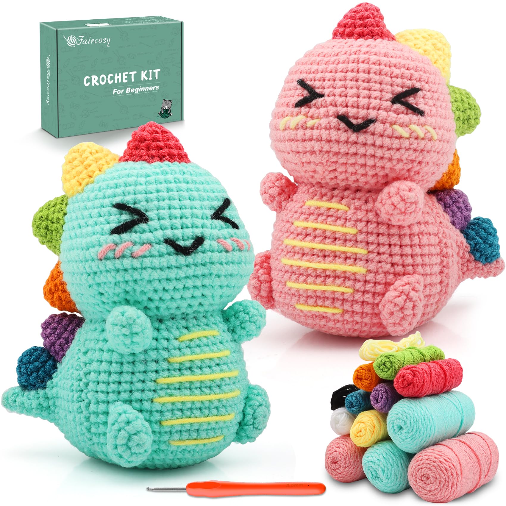 Faircosy Dinosaur Crochet Kit for Beginners: 2PCS Crochet Animal Kits for Adults - Learn to Crocheting Cute Amigurumi Starter Kit with Written Pattern & Video Tutorials (40%+ Yarn Extra)