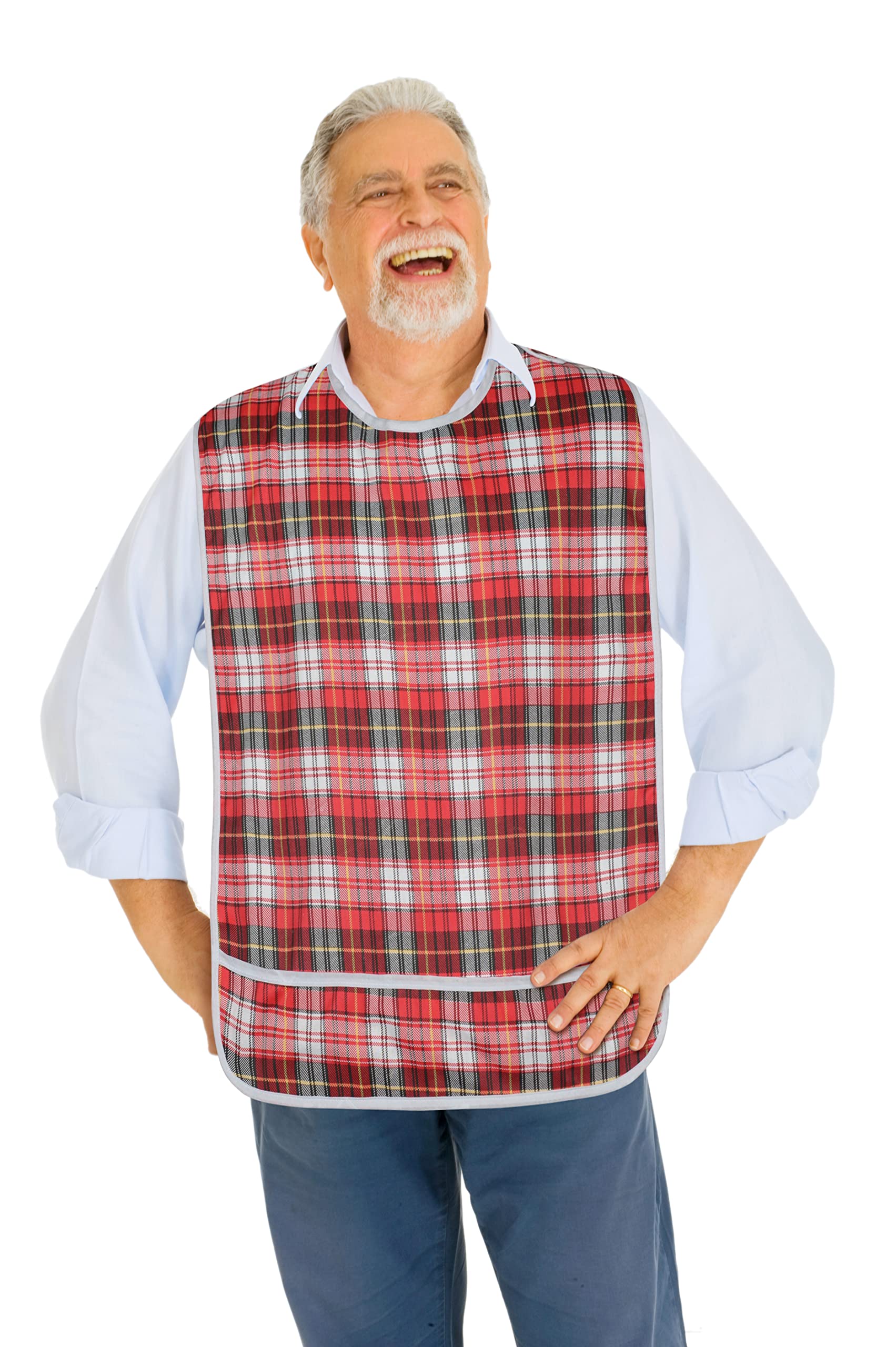 Modaliv Adult Bib for Eating – Reusable Clothes Protector with Crumb Catcher – Waterproof Bib for Elderly – Machine Washable Clothing Protector for Disabled Adults (XL Red)