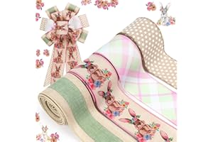 LaRibbons Easter Ribbon Wired 4 Rolls 2.5 Inch x 24 Yards TTL, Floral and Bunny Easter Ribbon with Plaid and Polka Dot for Crafts Spring Wreath Gift Wrapping Bow Decoration