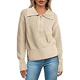 Doshoop Women's Half Zip Pullover Sweaters Crochet Lapel Collar Long Sleeve Knit Solid Color Jumper Tops