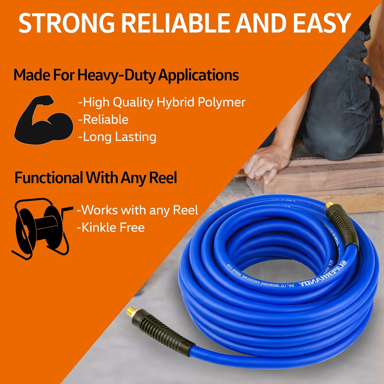 SuperHandy Air Hose Hybrid Polymer 9.2mm(3/8") x 15m(50'ft) with 3/8" BSPT Fitting, 3/8x 50’ Ft. (Blue) Ultra Flex Hybrid Polymer Hose - Image 3