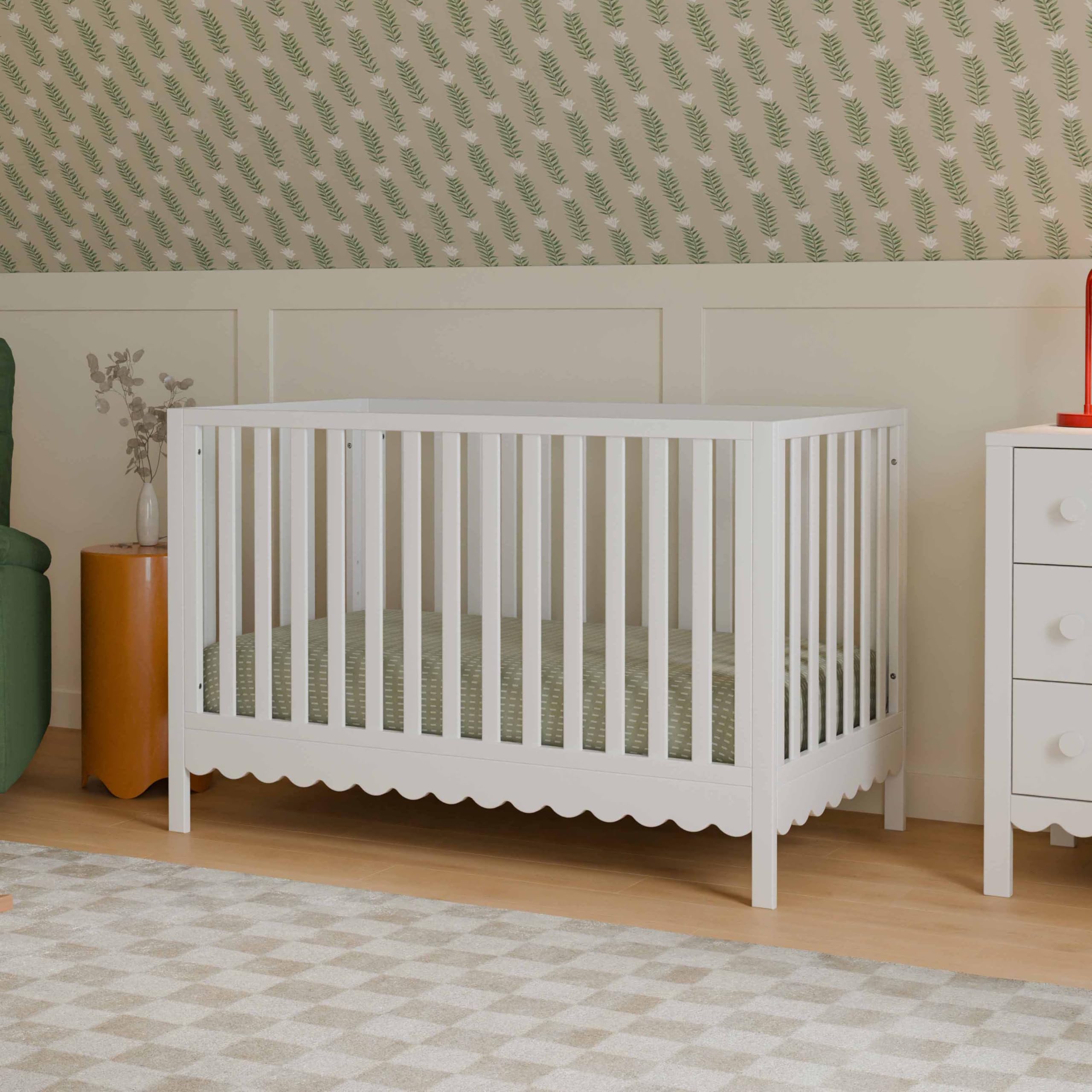 Photo 1 of Davinci Sammy Scallop 4-in-1 Convertible Crib in White, GREENGUARD Gold Certified