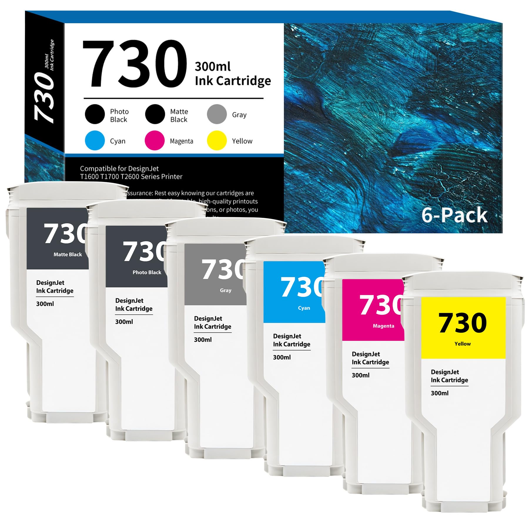 Photo 1 of 730 Ink Cartridges High-Capacity 300ml 6-Pack P2V68A P2V69A P2V70A P2V71A P2V72A P2V73A Replacement for HP 730 Ink Cartridge for DesignJet T1600 T1700 T2600 T1600dr T1700dr T2600d Printer Ink