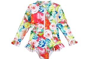 JZyangmei Toddler Girls Rash Guard Swimsuit Long Sleeve One Piece Zipper Ruffle Bathing Suit UPF 50+ Beach Swimwear 2-8Y