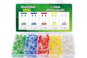 MAYGYRAIN 3mm LED Diodes Kit,500 Pcs 5 Values 5 Color, Light Assortment Kit Low Voltage Circuit Emitting Diodes Bulb Lamp Set, Green, Blue, Red, Yellow, White (3mm-5color-500pcs)