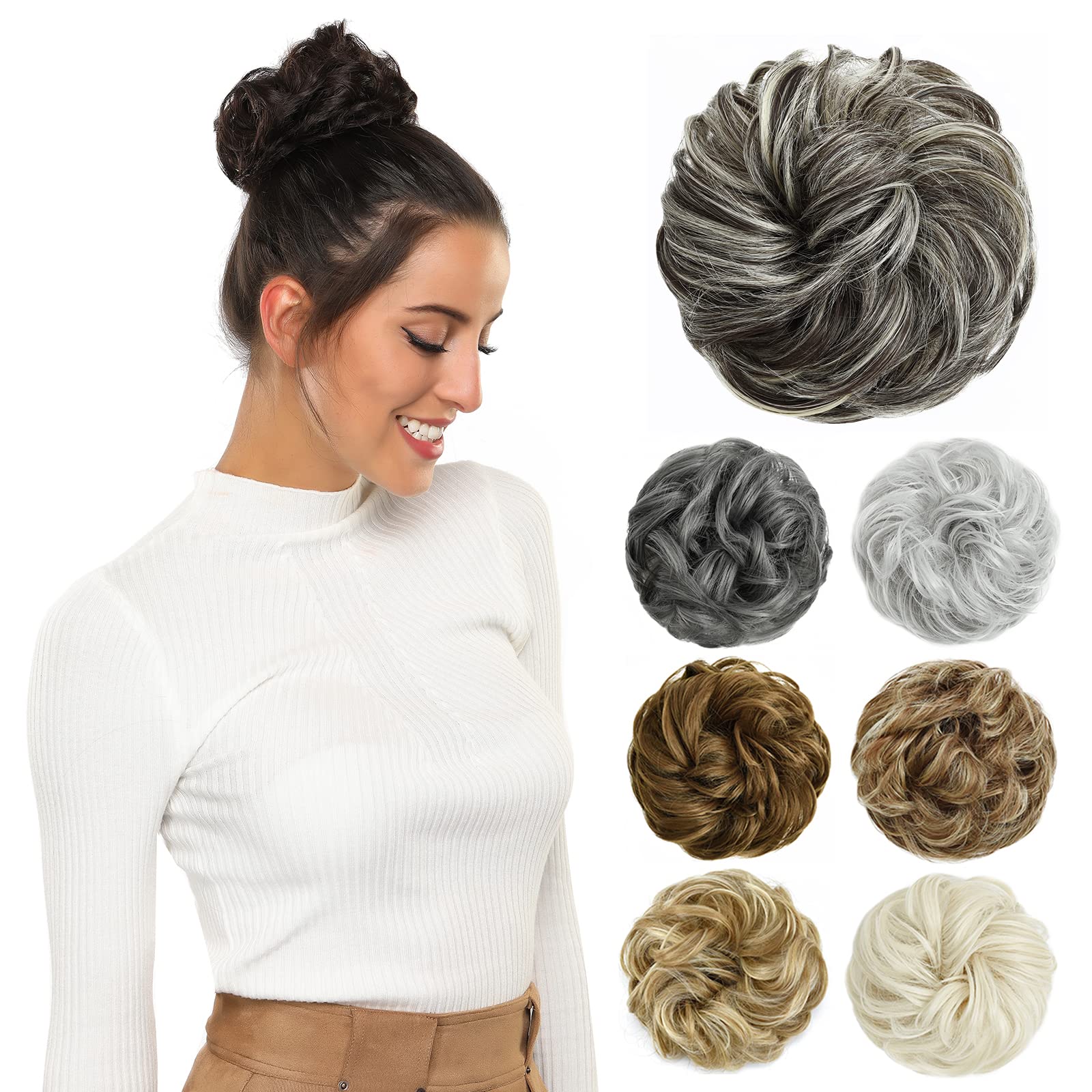 Yamel Messy Bun Hair Pieces for Women Hair Bun Extension Deeply Brown mix Bleach Blonde Updo Curly Messy Bun Scrunchie