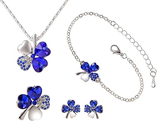 Amazon Phoenix 四つ葉のクローバー ネックレス ブレスレット ピアス ブローチ 計 4種セット ジュエリー ファッション アクセサリー レディース 合金 人工水晶 エレガント 幸せな 幸運 四つ葉 クローバー フラワー ネックレス チョーカー ペンダント ブルー