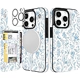 uCOLOR for iPhone 13 Pro Wallet Case Magsafe with Card Holder Slot【Compatible with MagSafe】 Folio Flip PU Leather Double Magnetic RFID Design 6.1" (Blue Toile Flowers)
