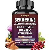 StrongVit Berberine with Ceylon Cinnamon Supplement, Milk Thistle, 60 Caps | With Turmeric, Berberine HCI for Digestion, Immunity, Body Wellness, Complex for Men &amp; Women, USA Lab Tested