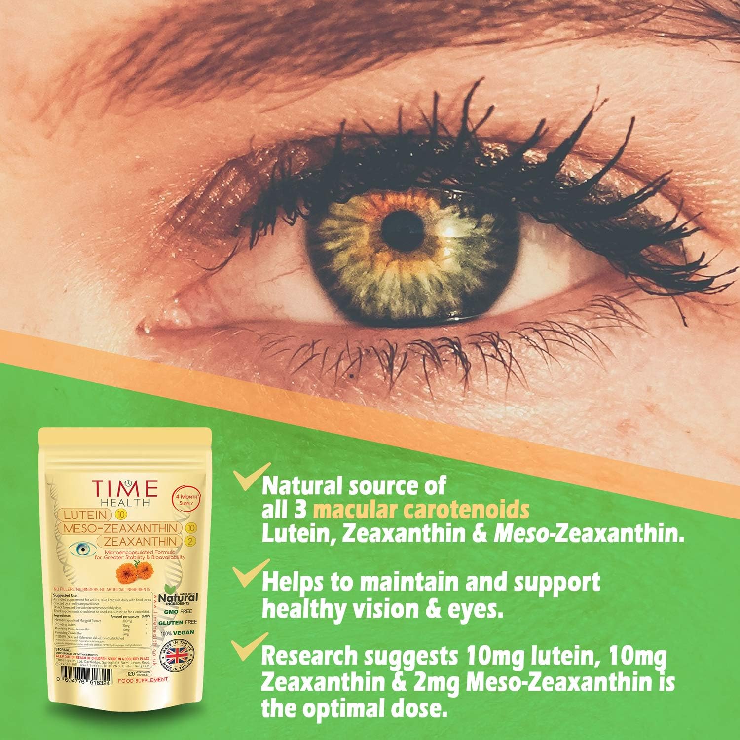 Lutein 10mg, Meso-zeaxanthin 10mg, Zeaxanthin 2mg, Micro-encapsulated Formula, 100% Pure Natural Highly Bioavailable - Image 3
