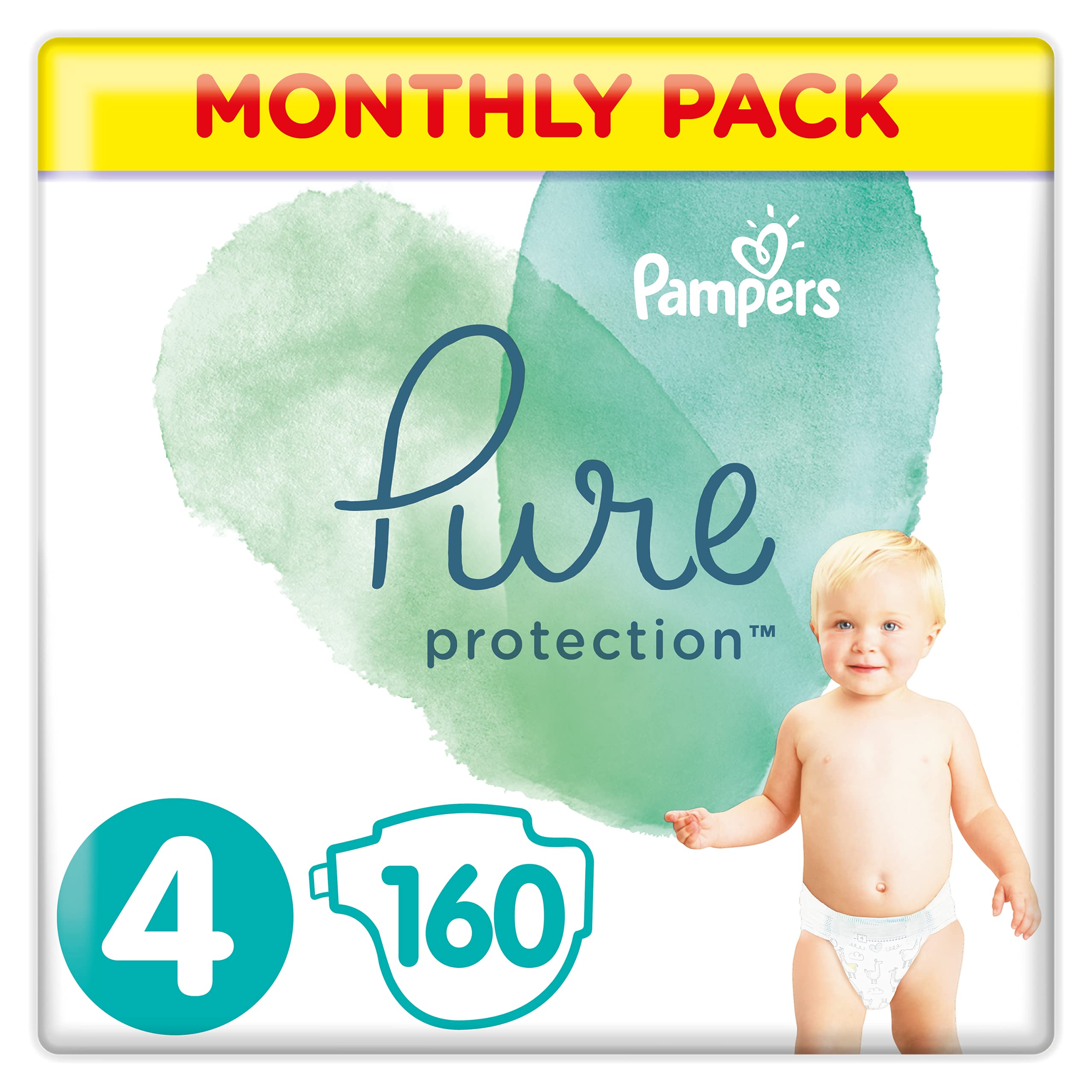 Pampers Baby Nappies Size 4 (9-14 kg / 20-31 lbs), Pure Protection (Harmonie), 160 Count, MONTHLY SAVINGS PACK, Premium Cotton & Soft Plant-Based Fibres