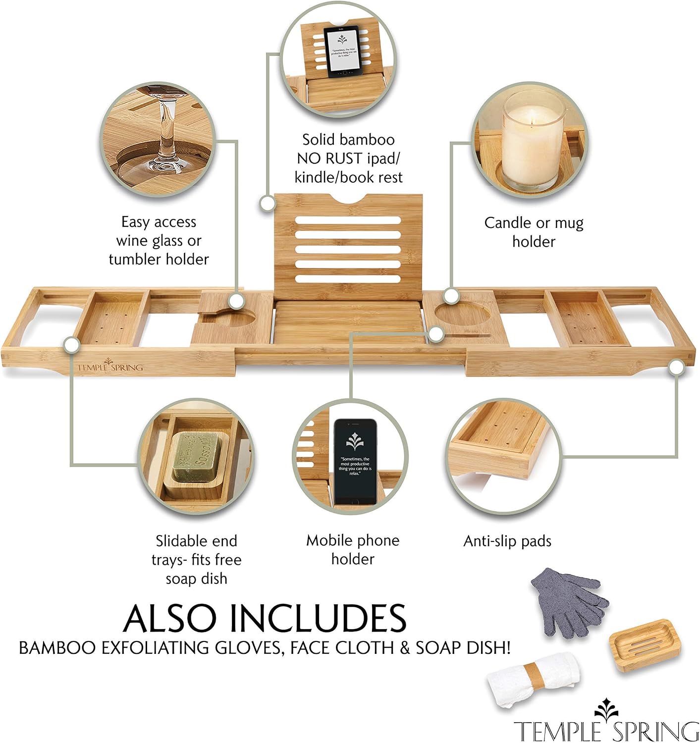 Temple Spring Wooden Bath Tray, Bath Shelf Bathroom Accessory, Home Spa Boards for Adults Bathtub Caddy - Image 3