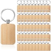 50 Pcs Wood Keychain Blanks, Unfinished Laser Engraving Blanks with Key Rings, Rectangular Keychain Tag for DIY Crafts, Pet Tags, Gift Making