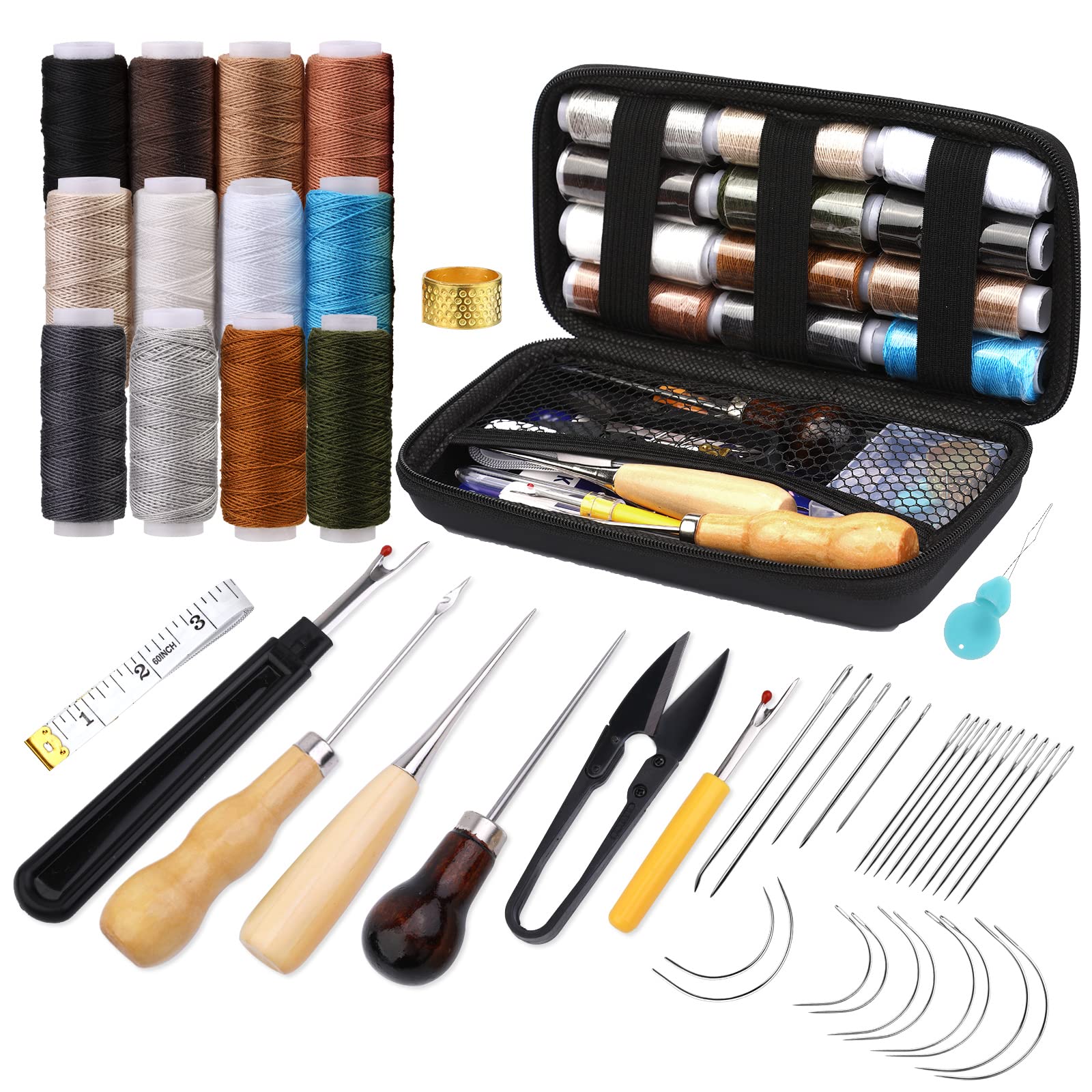 NAMOON Leather Sewing Kit, Upholstery Repair Kit, 48pcs Heavy Duty Sewing Kit with Stitching Needles, Sewing Awl, Seam Ripper, Sewing Thread for Repair, Hand Sewing, DIY Leather Crafting