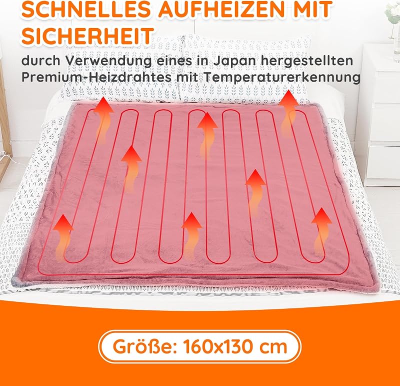 Heizdecke mit Abschaltautomatik, 10 Heizstufen Up-to-9 Stunden Auto-Off-Timer Überhitzungsschutz, Elektrische Wärmedecke Bett Wärme Decke ETL-Zertifiziert für Home & Office Flanell Waschbar