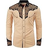 DIFICIL SLOG Men's Western Cowboy Shirt Embroidered Exquisite Long Sleeve Regular Fit Snap Button Down Shirts with Embroidery