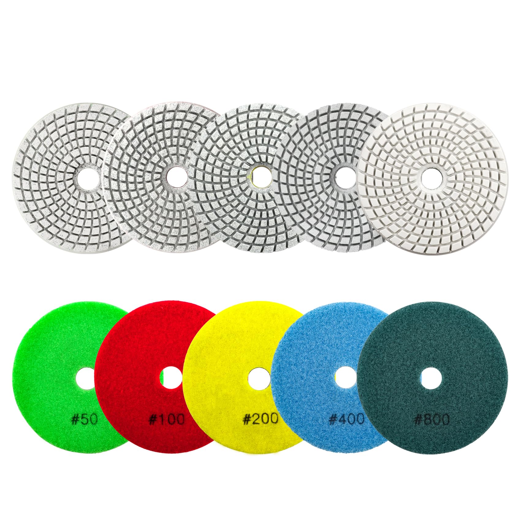 Photo 1 of KURSTOL Diamond Polishing Pads Set - 10pcs 4"/100mm Grits #50/#100/#200/#400/#800 Wet Countertop Polishing Pads for Granite Quartz Stone Marble Floor