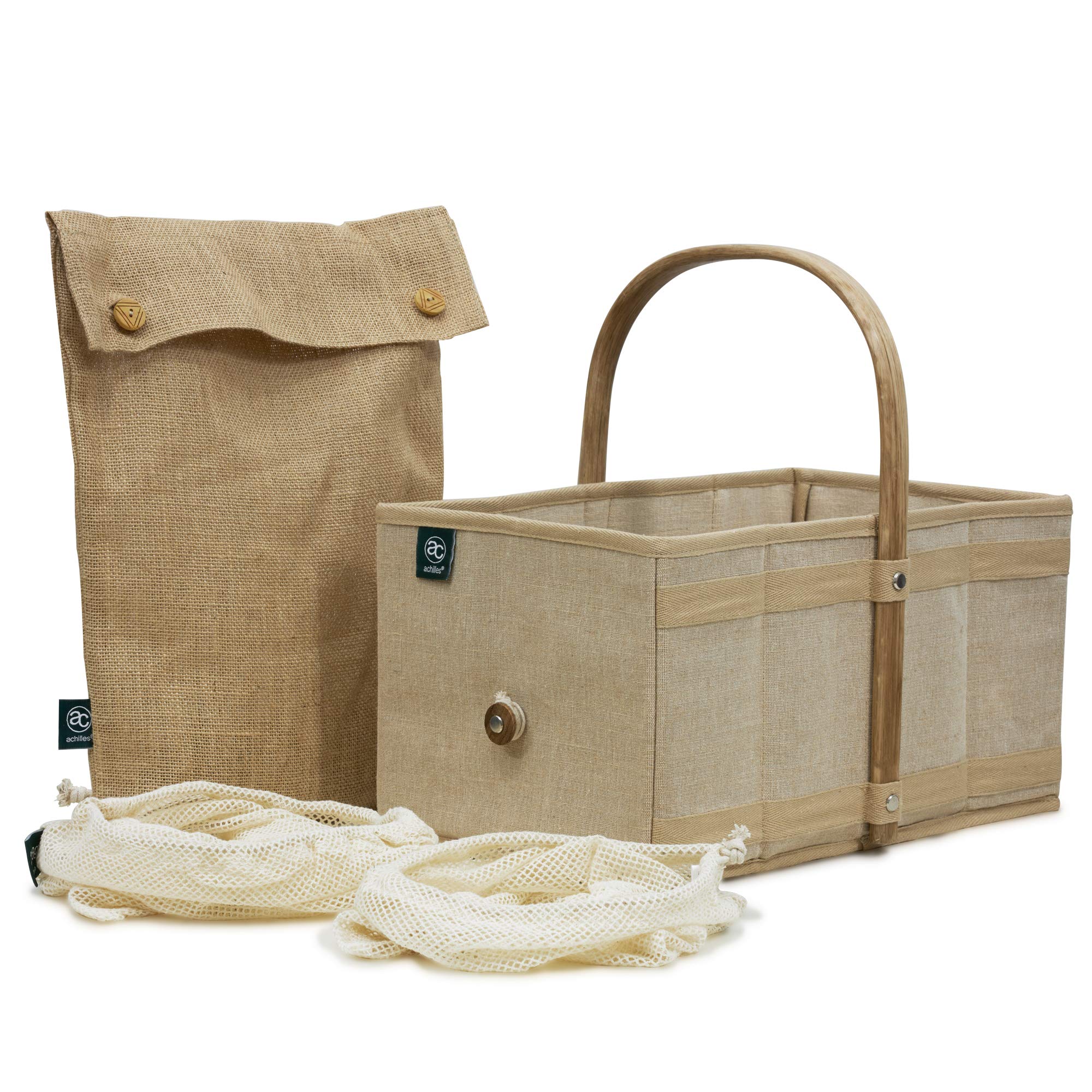 Achilles Folding Shopping Basket with Fruit & Vegetable Net, Brown & Beige, 40x24x20cm (Nature)