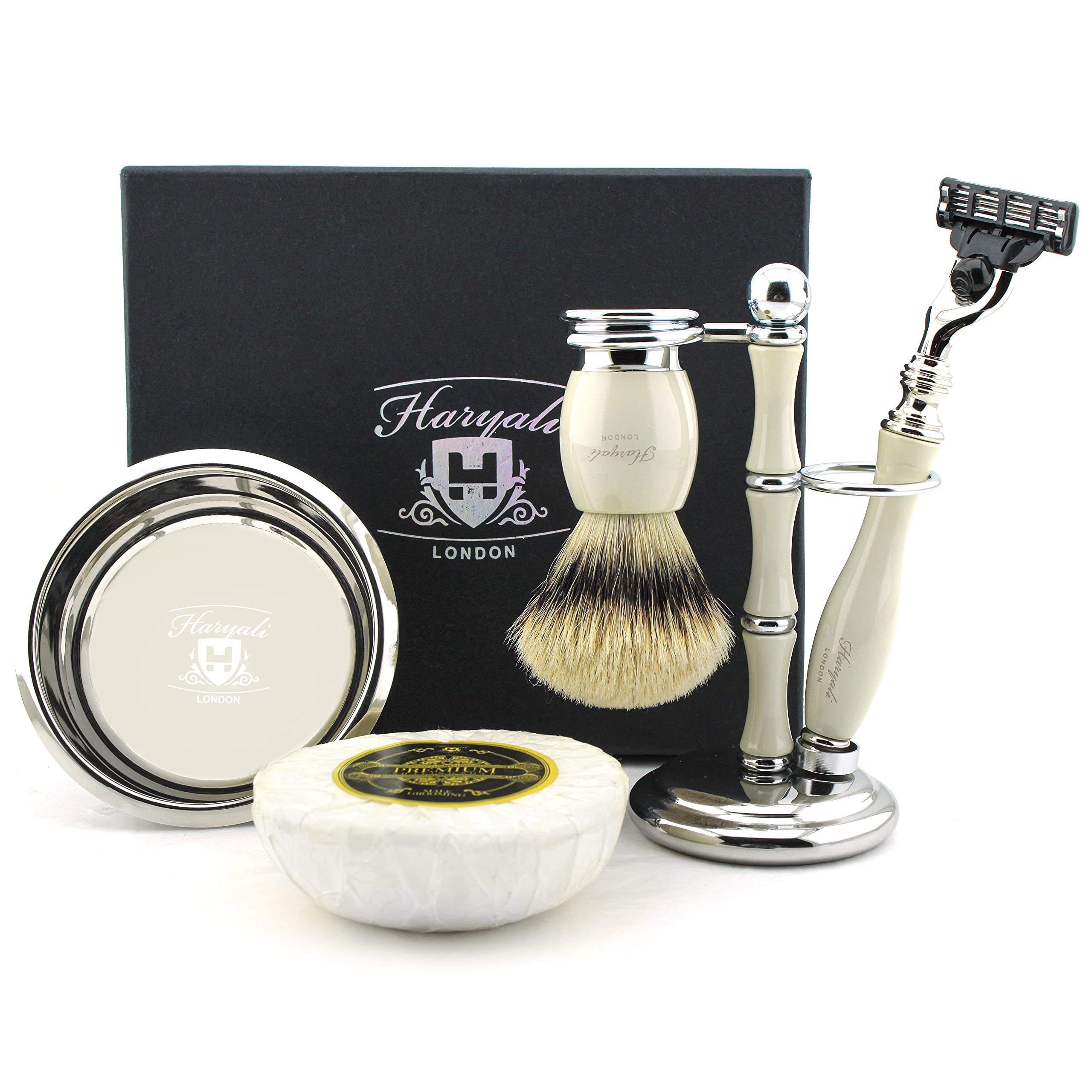 Pure Silver Tip Badger Hair Brush in Ivory Colour Set Includes Triple Edge Razor, Holder, Saving Bowl and Soap Special Edition
