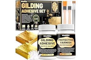 Gilding Adhesive Set, Wadities 5.3oz/150ml Water Based Adhesive and Varnish, 100 Gold Leaf Sheets and 100 Champagne Gold Foil for Furniture & Art Crafts Decoration, DIY Decorative Painting
