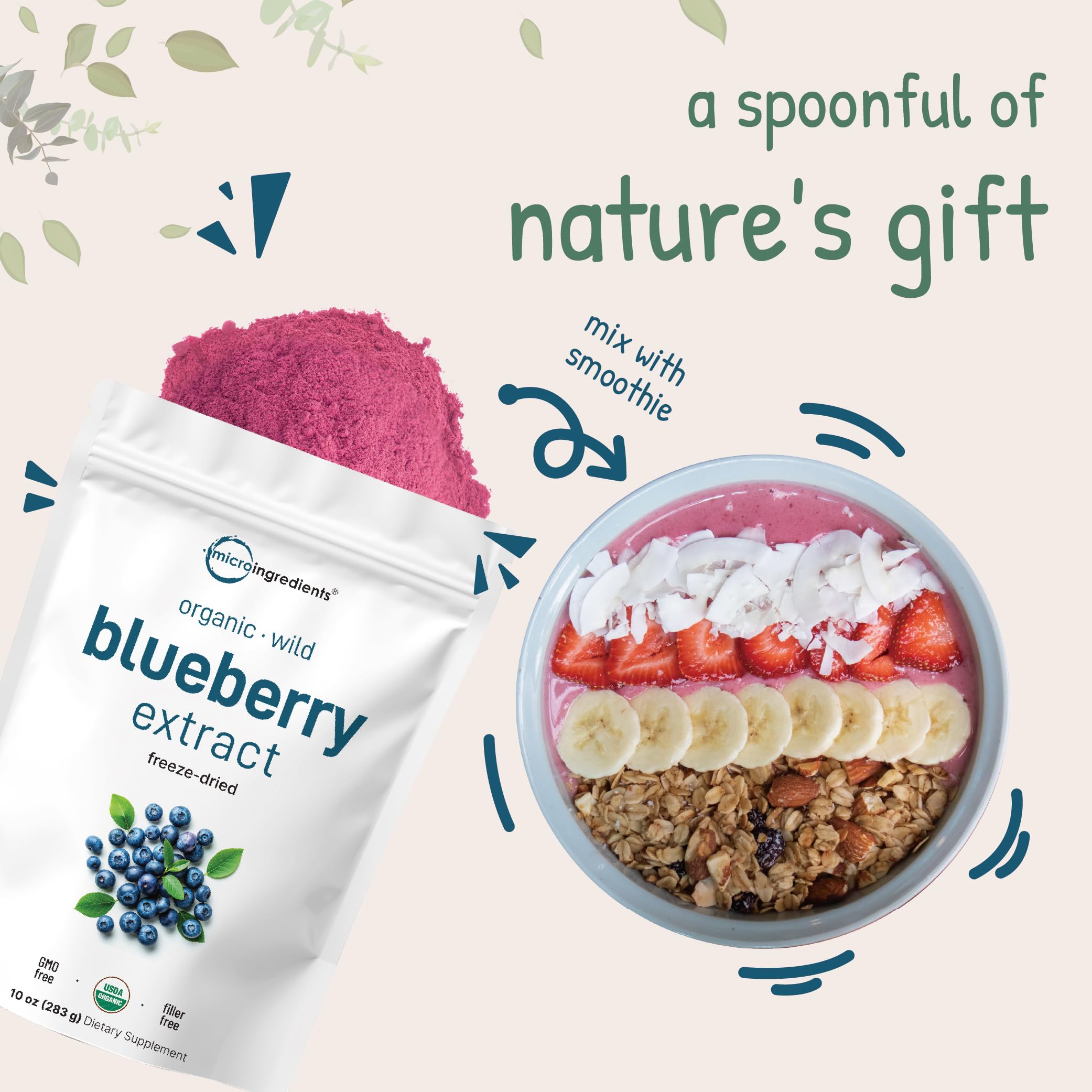 Organic Blueberry Extract Powder, 10oz | 100% Natural Fruit Powder | Freeze-Dried Wild Blueberries Source | No Sugar & Additives | Great Flavor for Drinks, Smoothie, & Beverages | Non-GMO & Vegan