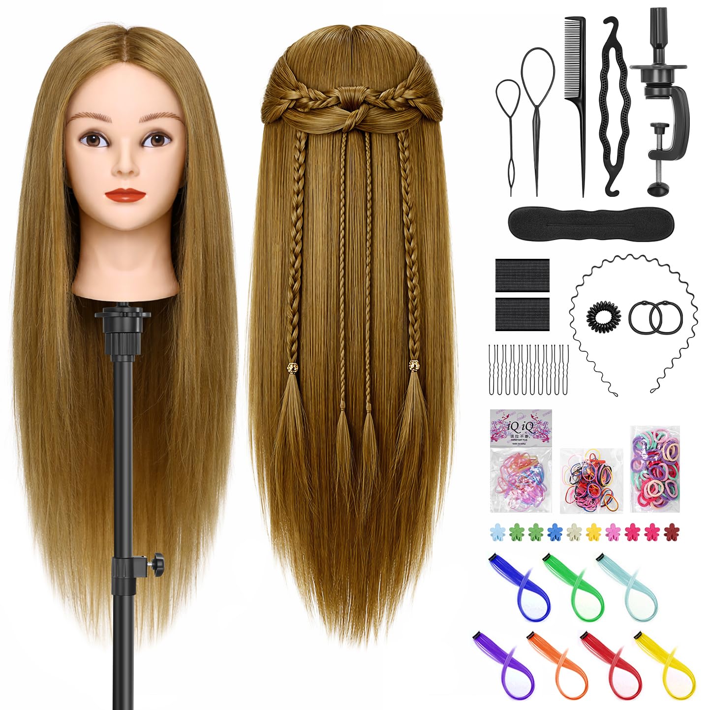 80% Real Hair Mannequin Head, TwoWin 26" (66cm) Styling Head, Hairdressing Training Head, for Hair Training, Manikin Cosmetology, Hair Doll Head with Table Clamp Holder, Hair Accessories
