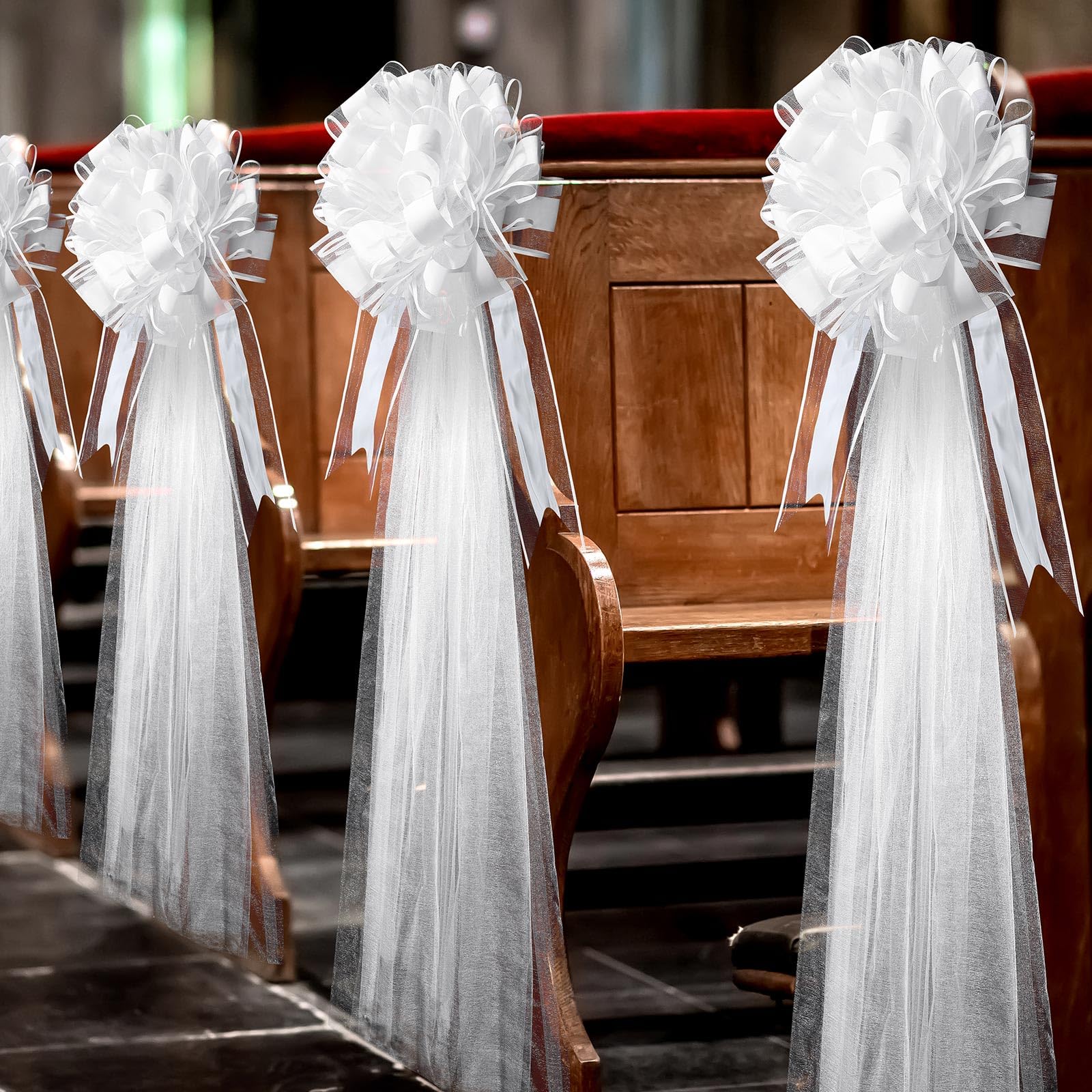 Photo 1 of (missing pieces) Lyrow 30 Set Large White Wedding Pew Bows Tulle Bows with 47 Fabric Tulle Church Wedding Chair Aisle Decorations for Bridal Shower Reception Birthday Ceremony Mother's Day(White)