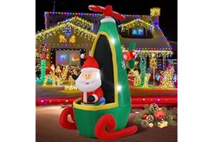 InfleasJoiy 8ft Santa Claus Flying Helicopter Christmas Inflatable Decoration with LED Lights for Holiday Celebration Decorations on Yard, Lawn and Patio