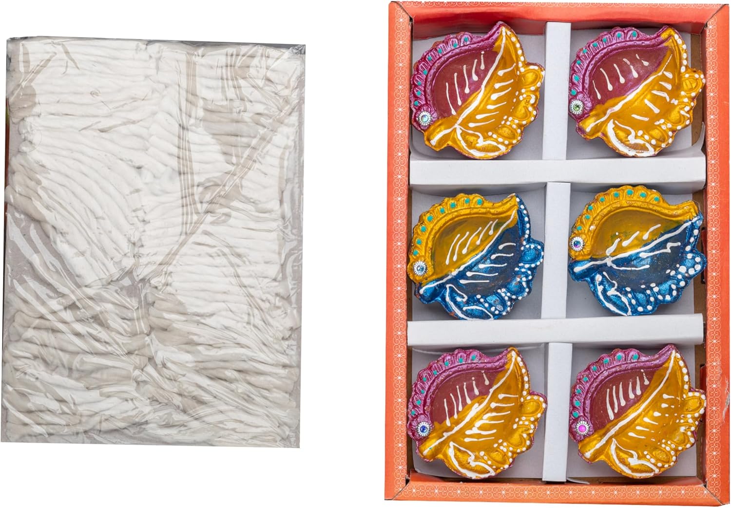 Oil Lamps & Accessories - SHOPOGENIE 6 pcs Handmade Clay Diya for Diwali | Designer Leaf Diya with Cotton Wicks Batti | Mitti Diya | Earthen Terracota Diya | Indian Oil Lamp | Diwali Gift |