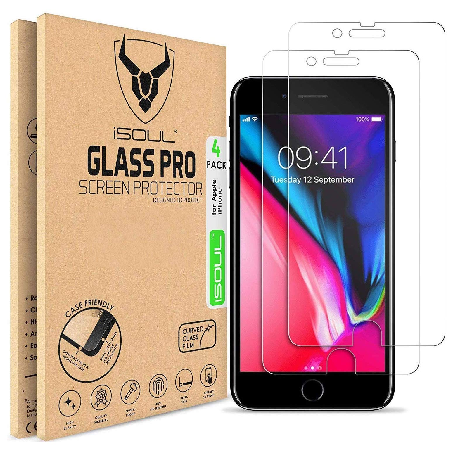 4-Pack Screen Protector for iPhone 6 6s, iPhone 7, iPhone 8 Screen Protector Tempered Glass Film 9H HD iSOUL 0.3mm Clear Premium Shatterproof Protection 4.7" [3D Touch Compatible]