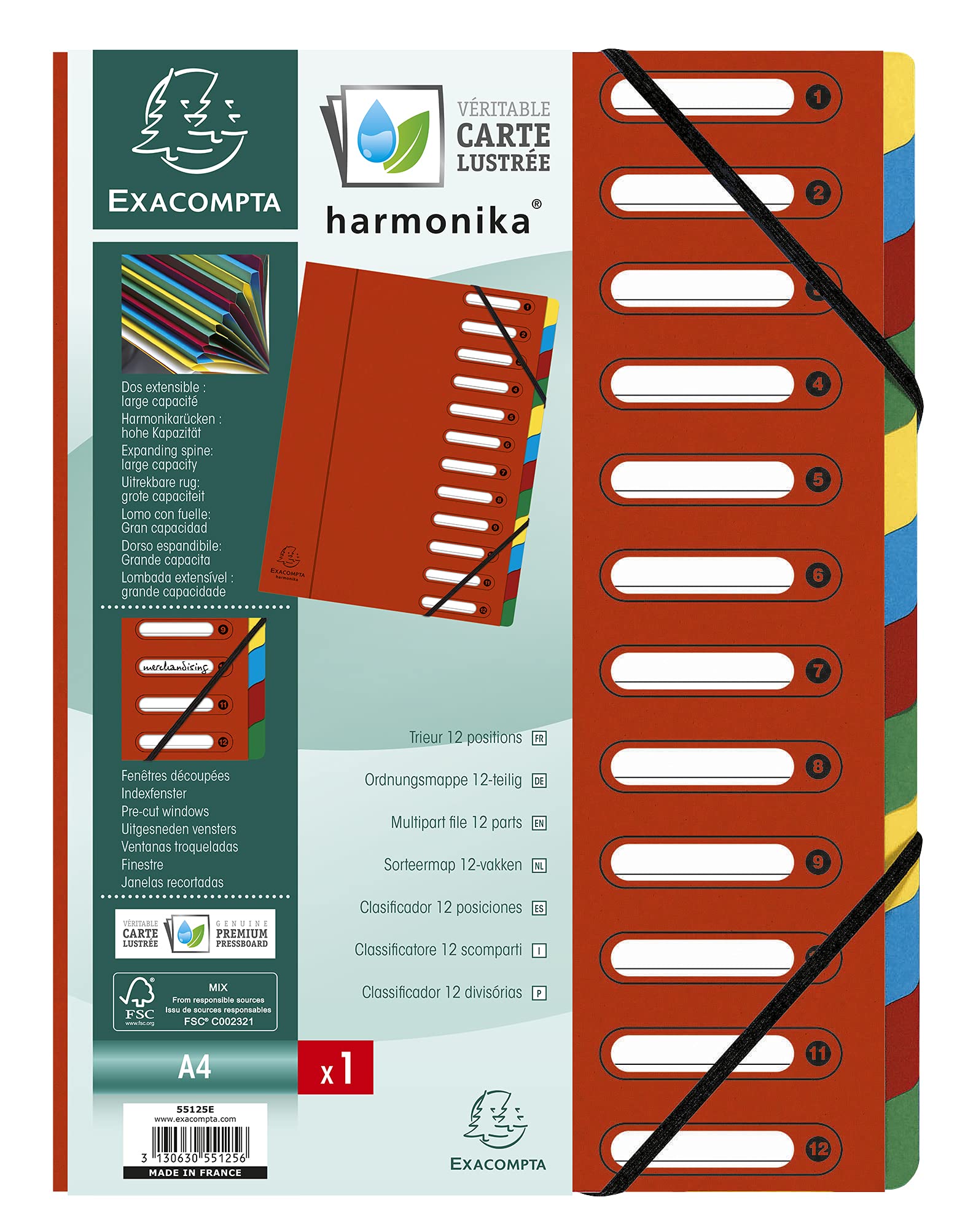 Exacompta - Ref 55125E - Harmonika Multipart File - 24.5 x 32cm in Size, Suitable for A4 Documents, 12 Multi-Coloured Tabbed Sections, Premium Pressboard Cover - Red Cover