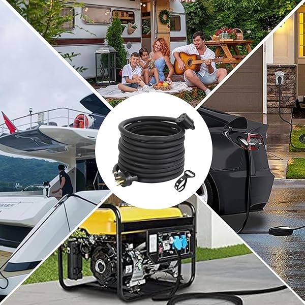30FT 50 AMP RV EXTENSION CORD, OUTDOOR HEAVY DUTY STW 6/3+8/1, NEMA 14-50P TO 14-50R (125/250V 12500W), GRIP HANDLE, CORD ORGANIZER, UL LISTED（BLACK