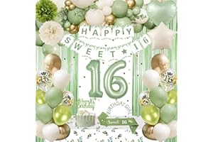 GYESXYW Sweet 16 Party Decorations, Sage Green 16th Birthday Decorations for Girls Sweet 16 Birthday Banner Green Gold Balloons Crown Sash Fringe Curtain Tablecloth Cake Topper for Girls 16th Birthday Decor