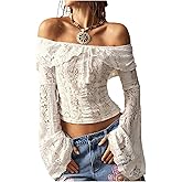 MakeMeChic Women's Bell Sleeve Lace Tops Off The Shoulder Crop Tops Summer Boho Tie Front Tee Shirt