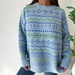 Women Y2K Argyle Striped Pullover Sweater Casual