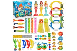 Quanquer Pool Toys 60 Pack - Swimming Diving Toys for Kids Ages 4-8 8-12 Adults Family Includes Diving Sticks, Dive Mermaids, Torpedo, Gems, Fish Toys Etc with Storage Bag for Training Games Swim Fun