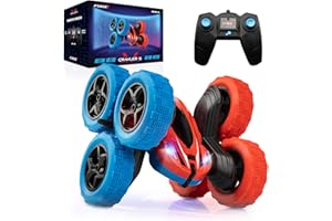 FORCE1 Crawler 6 Remote Control Car for Kids - 6 Wheeled RC Car Double Sided Driving with LEDs, 360 Flips, All Terrain RC Crawler Wheels, and 2.4 GHZ Remote Control, Red/Blue