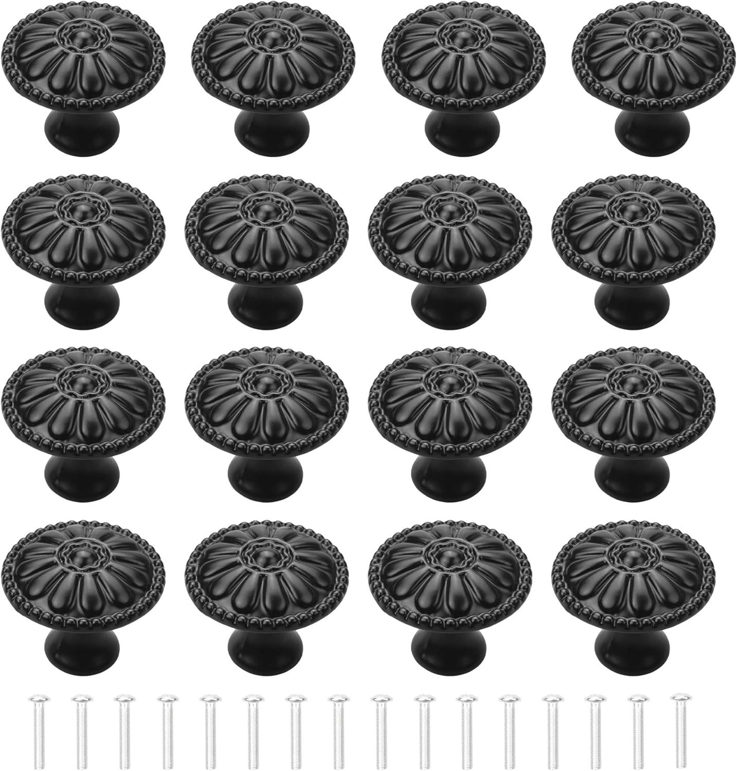 YEYIT Black Cabinet Handles - 16pcs Round Drawer Knobs & Mushroom Drawer Handle, 30MM Aluminum Alloy Flower Pattern with Screws