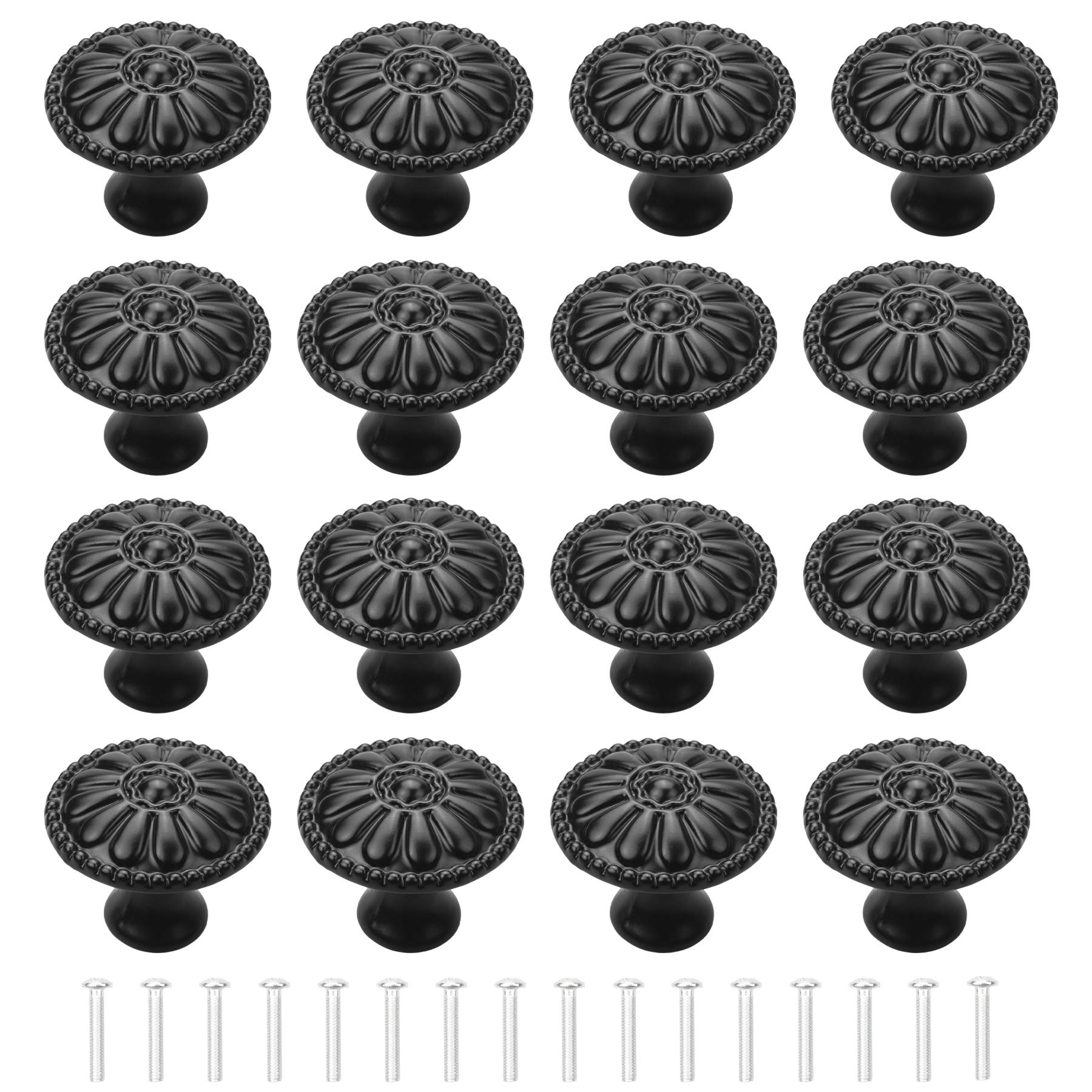 YEYIT Black Cabinet Handles - 16pcs Round Drawer Knobs & Mushroom Drawer Handle, 30MM Aluminum Alloy Flower Pattern with Screws