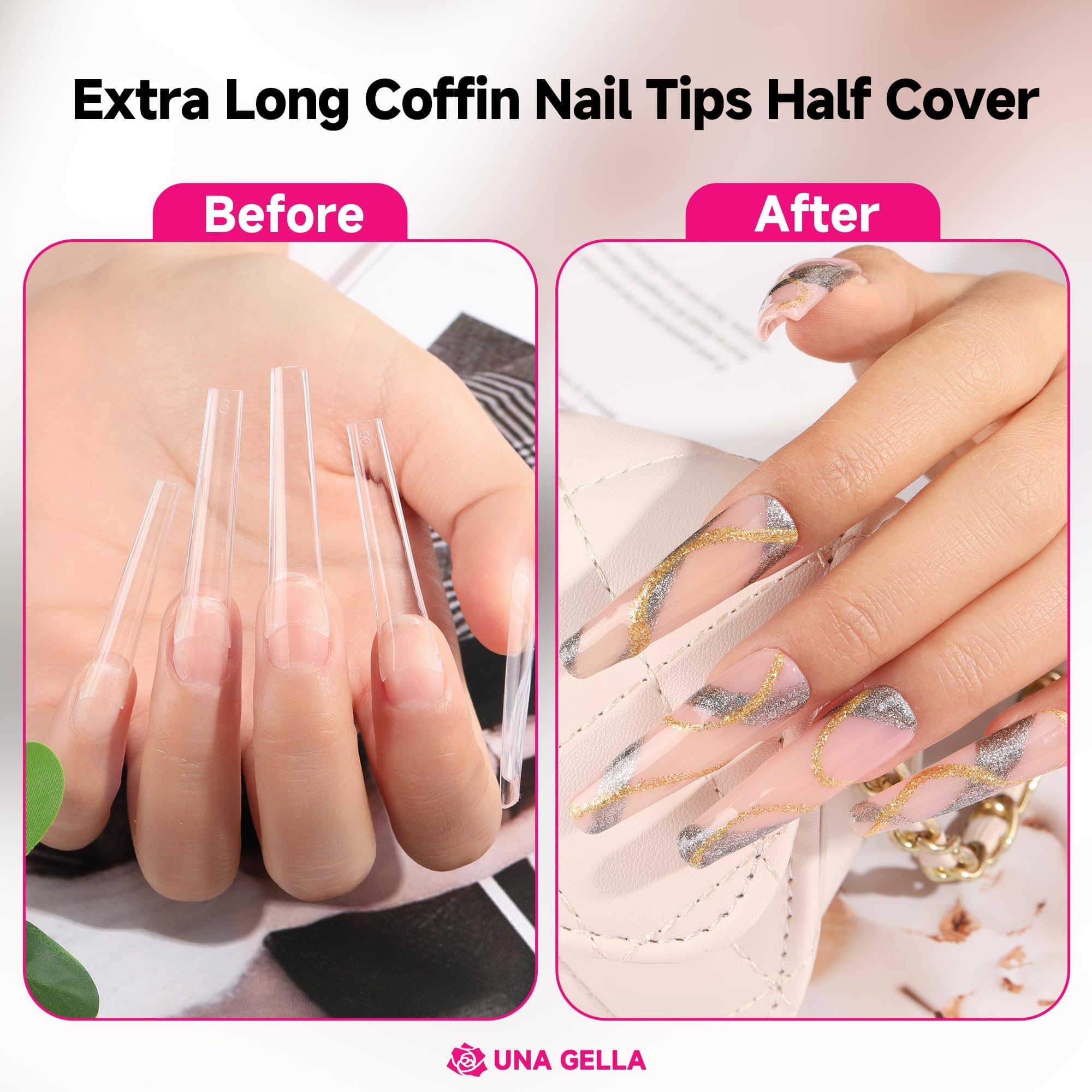 UNA GELLA Extra Long Coffin Nail Tips No C Curve 504PCS XXL Coffin Nails Half Cover Long Coffin Gel Nails Tips Clear Fake False Nails Long Gel Extensions for Nail Art Salon Home DIY No Need File - Image 6