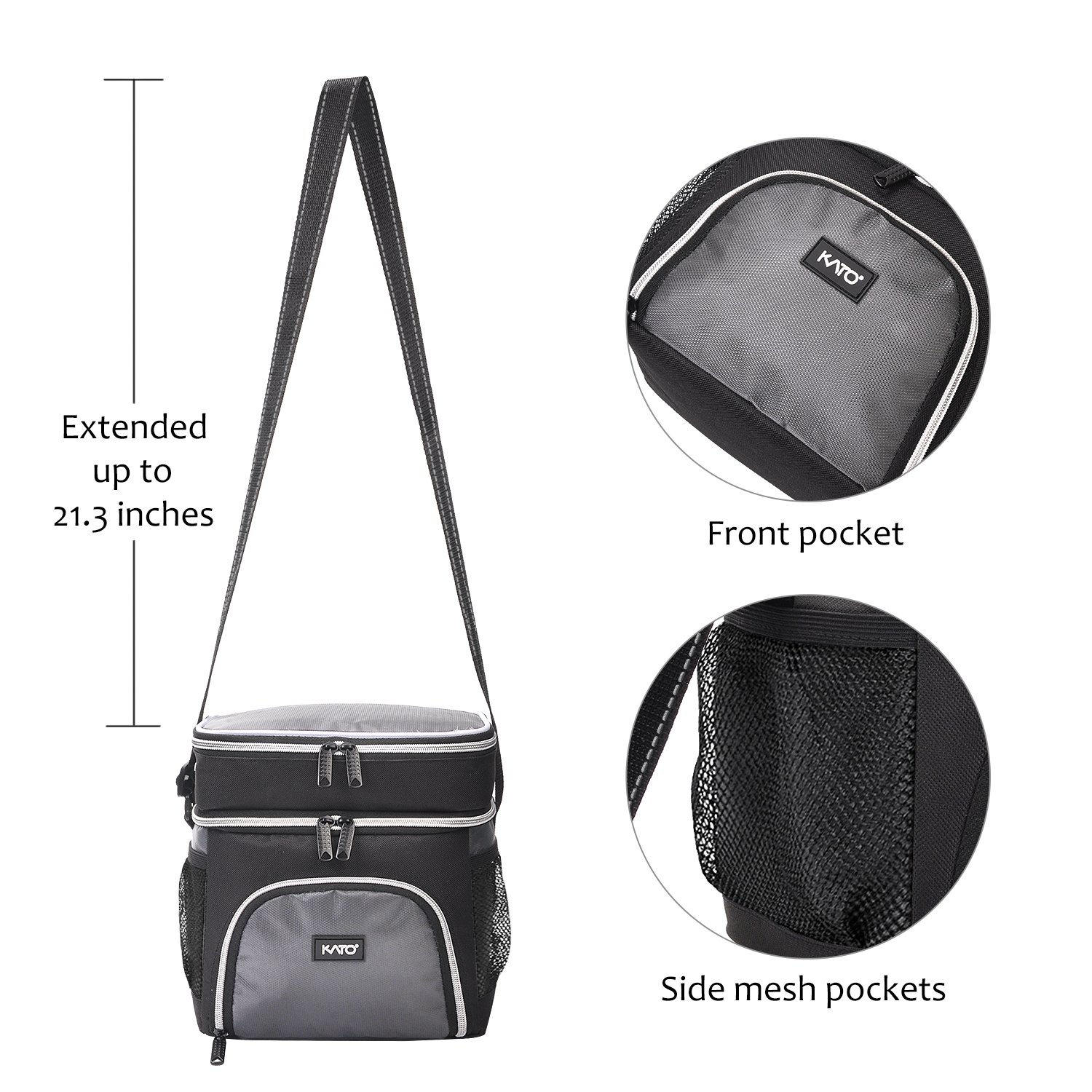 Insulated Lunch Cooler Bag, Kato Adult Dual Compartment Reusable Bento Lunch Box Tote with Shoulder Strap, Grey